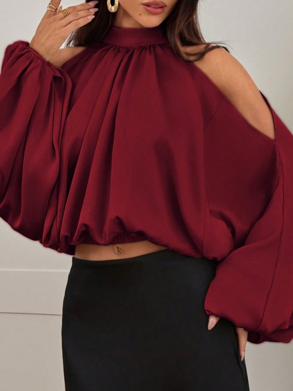 Burgundy Sexy Women's Long Sleeve Puff Sleeve Elegant Party Blouse - Picture 4 of 7